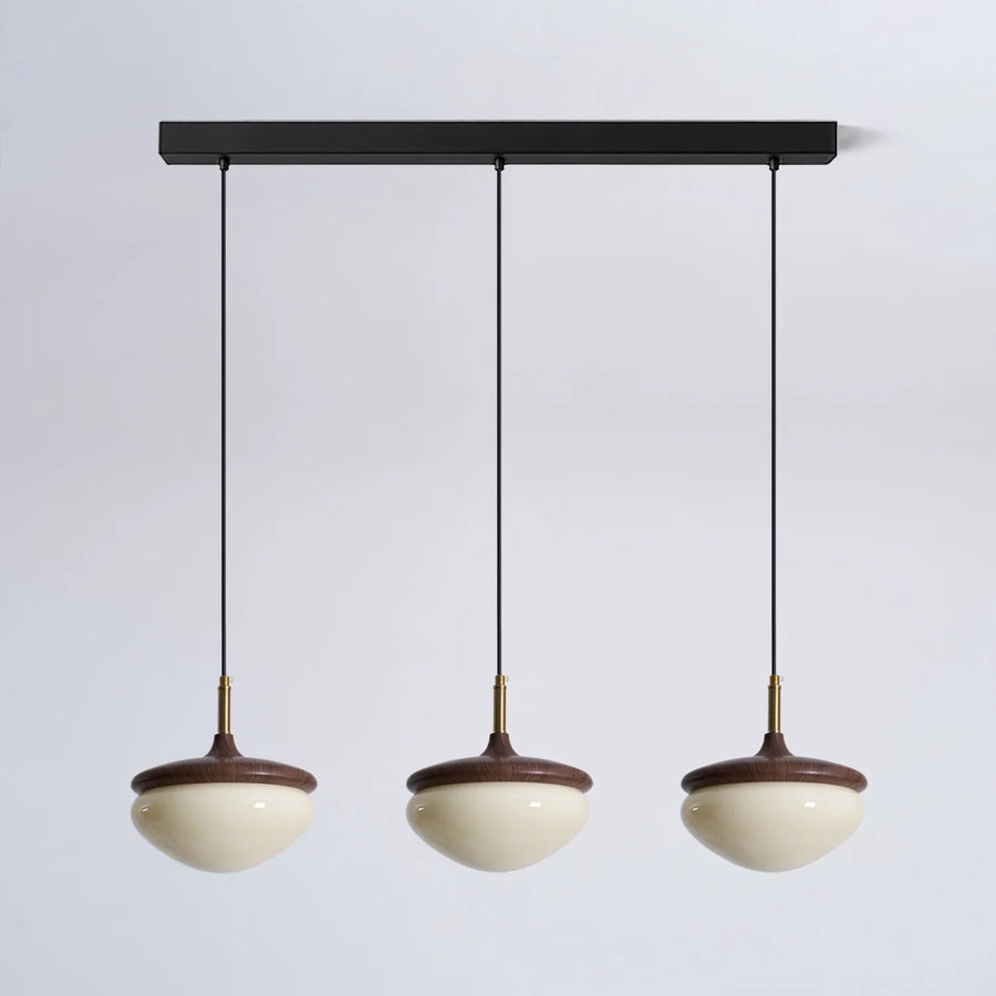 Acorn Pendant Light in Walnut and Brass with Opal Glass Dome