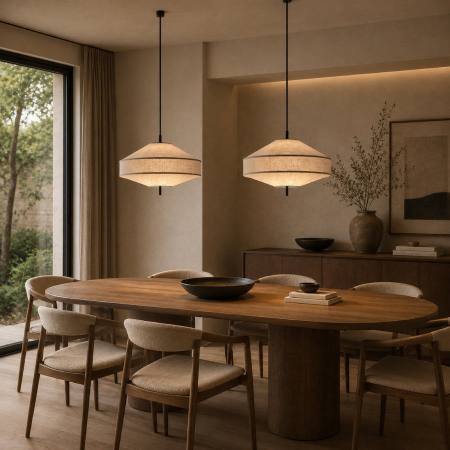 Architectural Linen Pendant Light – Sculptural Pagoda Design with Soft Ambient Light