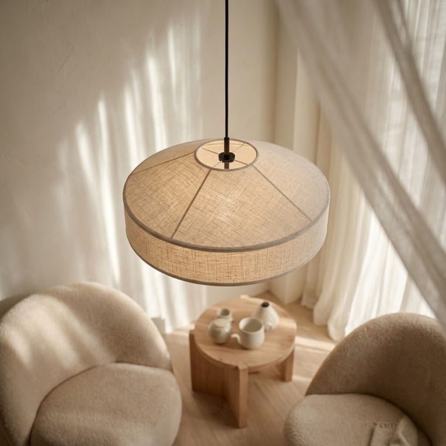 Architectural Linen Pendant Light – Sculptural Pagoda Design with Soft Ambient Light