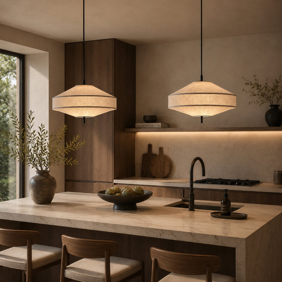 Architectural Linen Pendant Light – Sculptural Pagoda Design with Soft Ambient Light