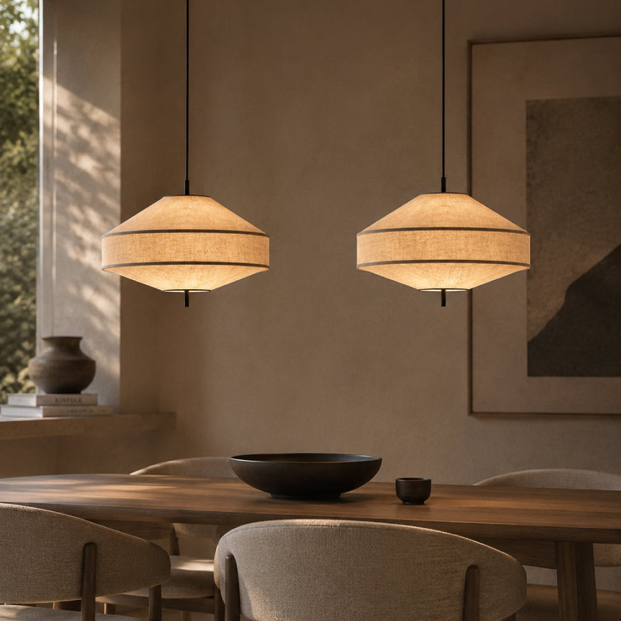 Architectural Linen Pendant Light – Sculptural Pagoda Design with Soft Ambient Light