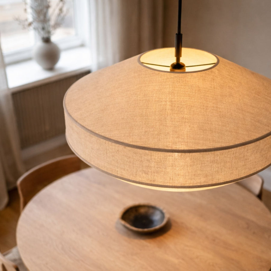 Architectural Linen Pendant Light – Sculptural Pagoda Design with Soft Ambient Light