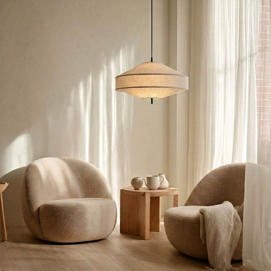 Architectural Linen Pendant Light – Sculptural Pagoda Design with Soft Ambient Light