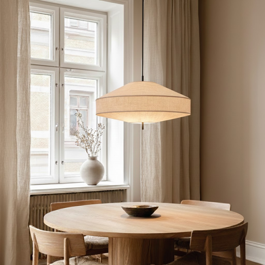 Architectural Linen Pendant Light – Sculptural Pagoda Design with Soft Ambient Light
