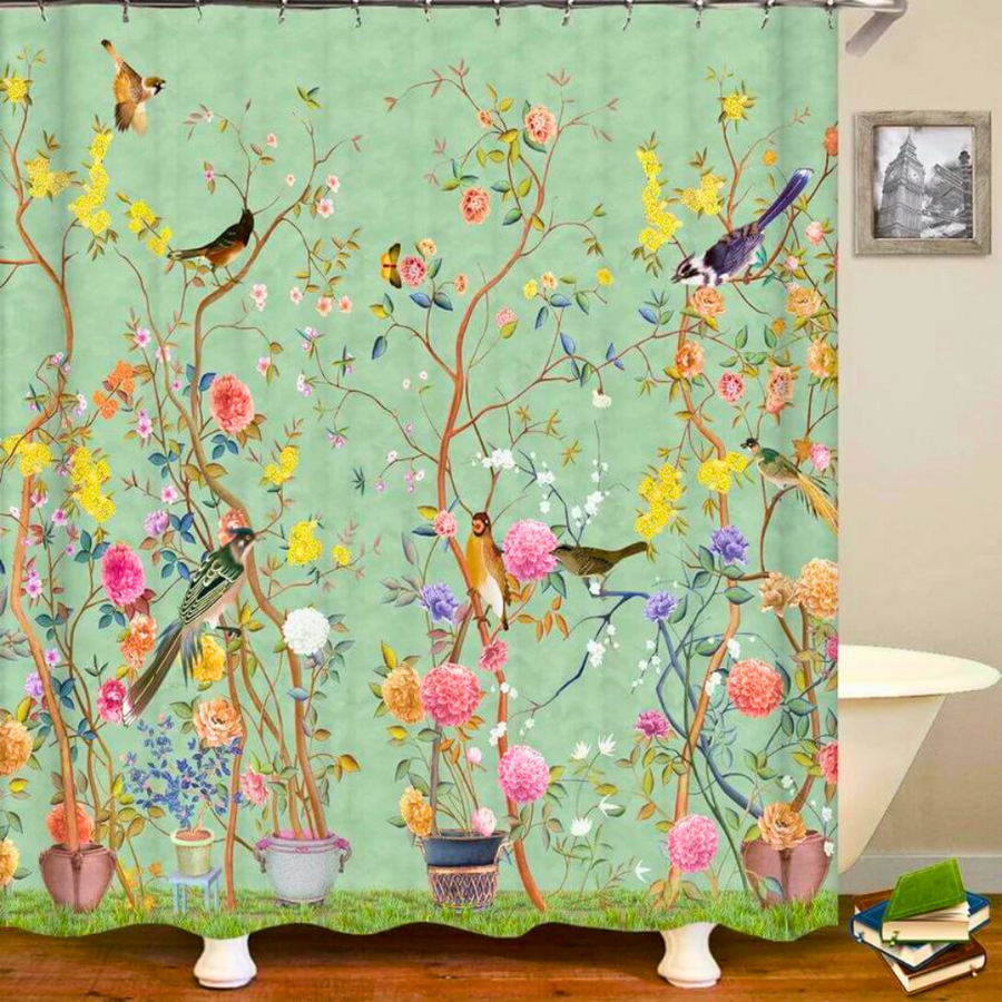 Vintage Floral Print Shower Curtain in Shades of Green