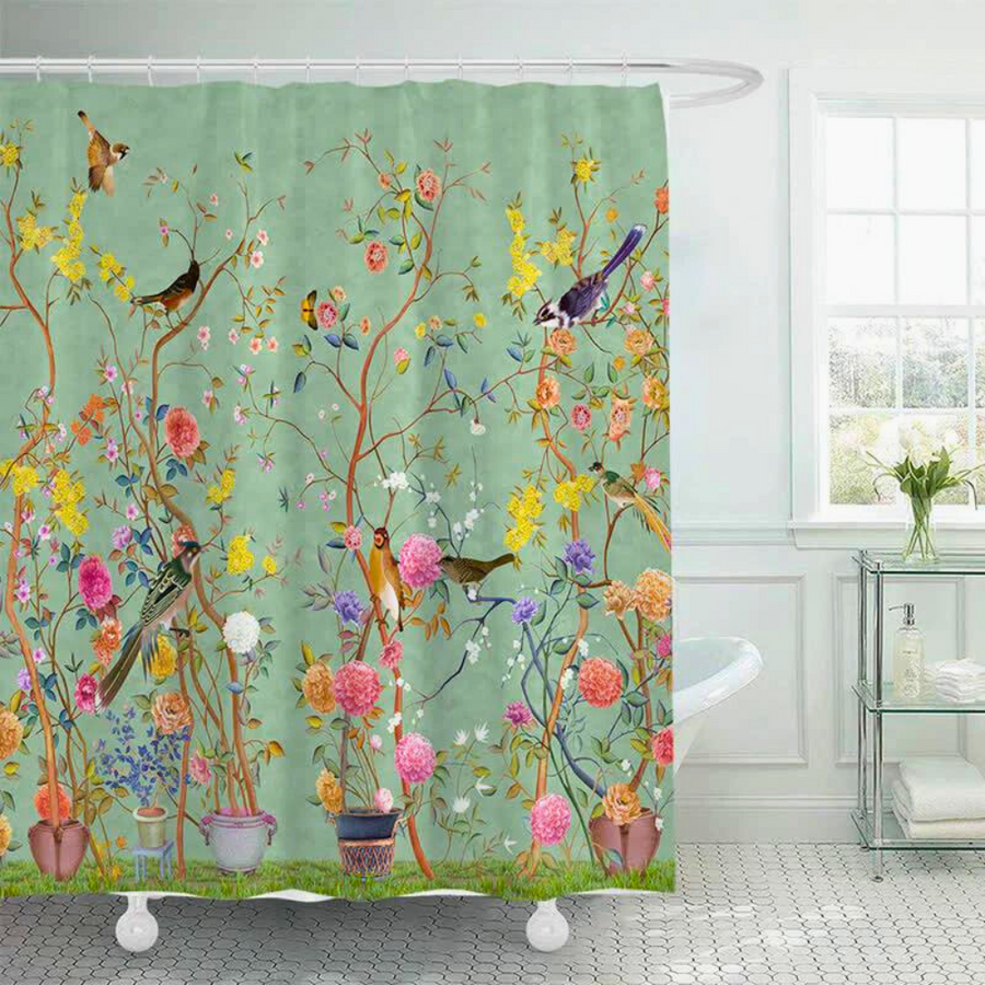 Vintage Floral Print Shower Curtain in Shades of Green