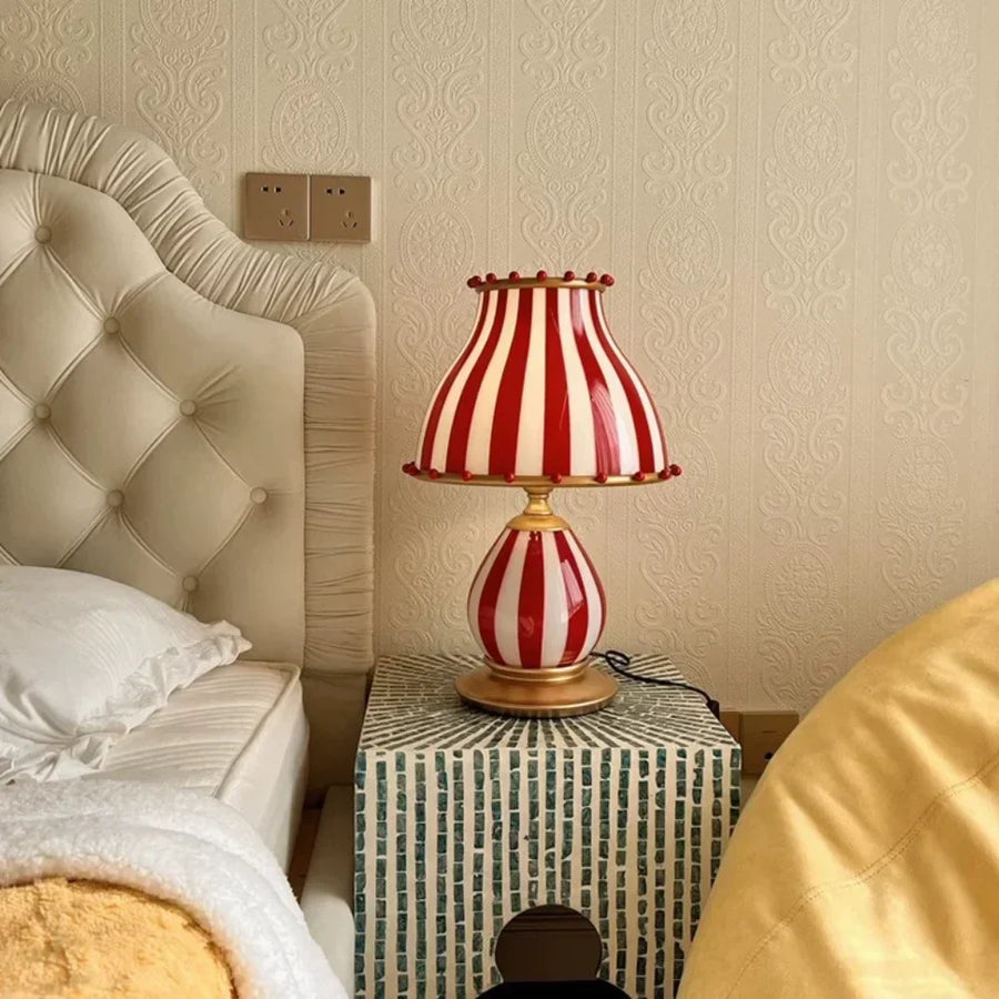 Metal Table Lamp with Red Striped Shade and Gold-Plated Details