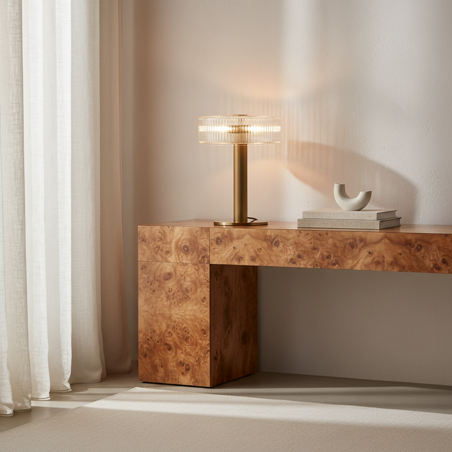 Table Lamp with Hammered Copper Base and Ribbed Glass Shade – Vintage Design, Dimmable