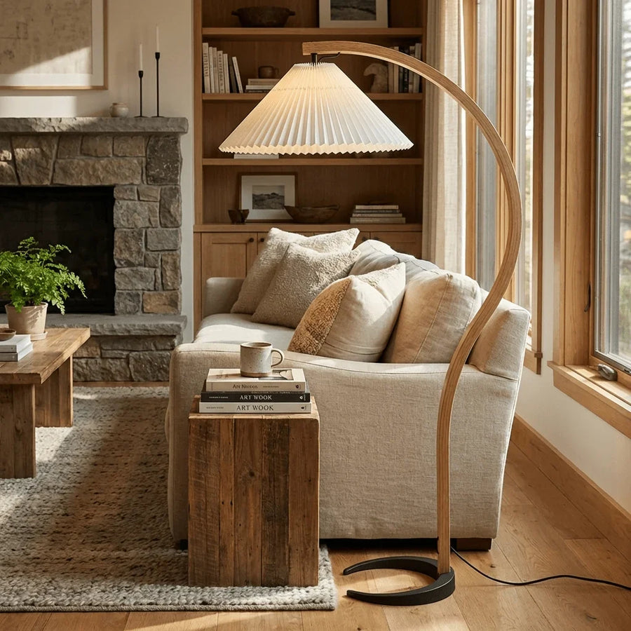 Arched Birch Floor Lamp with Pleated Shade for Living Room and Reading Nook