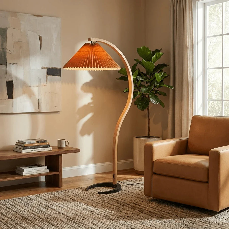 Arched Birch Floor Lamp with Pleated Shade for Living Room and Reading Nook