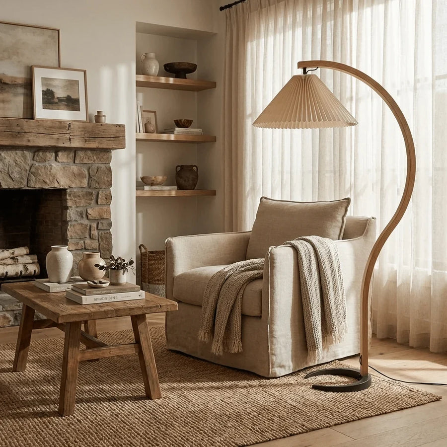 Arched Birch Floor Lamp with Pleated Shade for Living Room and Reading Nook