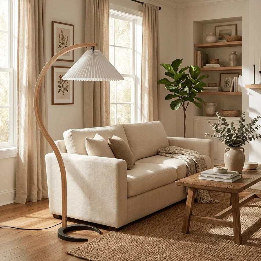 Arched Birch Floor Lamp with Pleated Shade for Living Room and Reading Nook