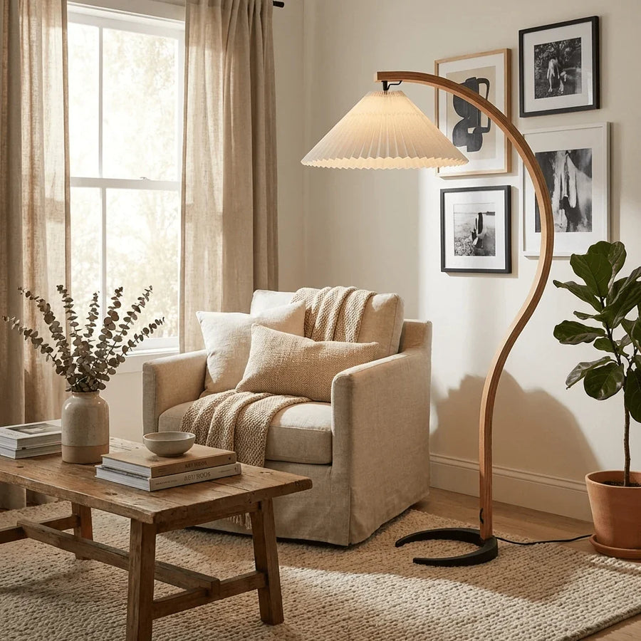 Arched Birch Floor Lamp with Pleated Shade for Living Room and Reading Nook
