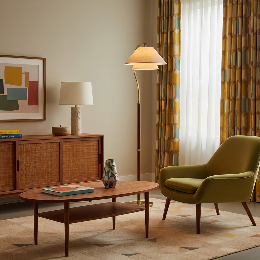 Arched Walnut Floor Lamp with Brass Details and Double Linen Shade for Reading Nooks