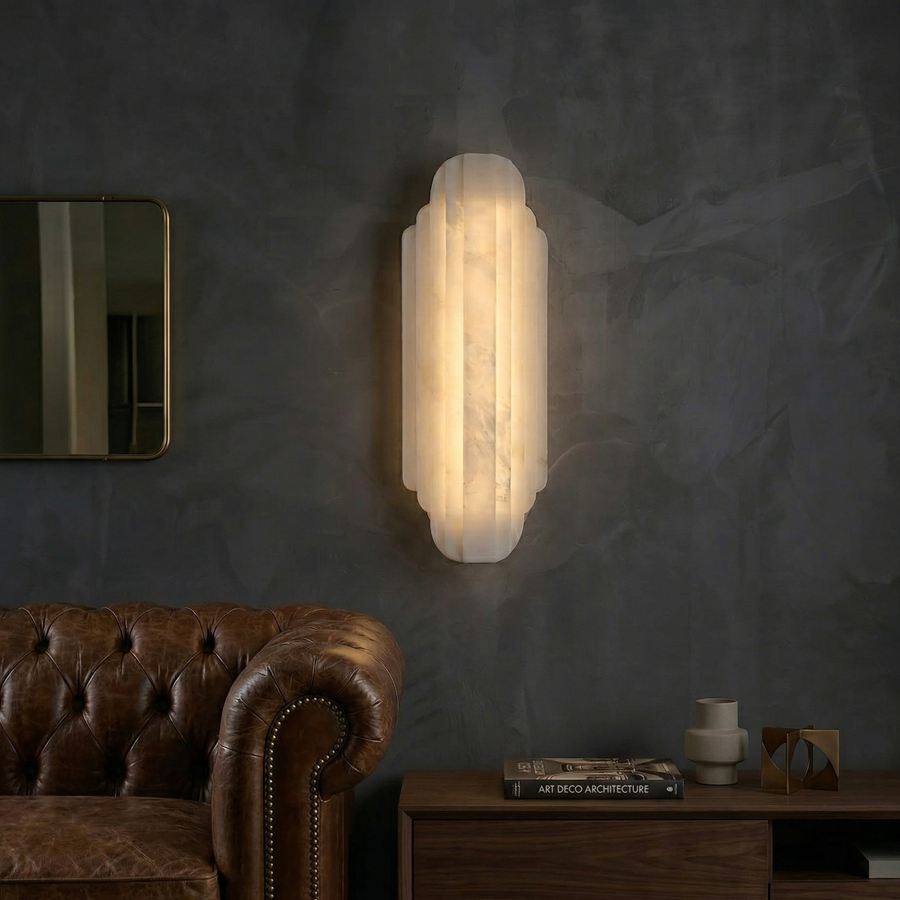 Dimmable Alabaster Wall Light with Metal Base – Ideal for Living Rooms and Hallways