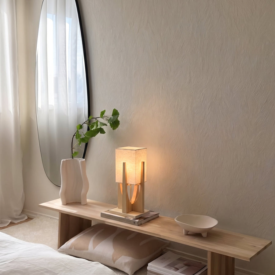 Wabi-Sabi Floor Lamp – Fabric Shade and Wood Base with Warm Light