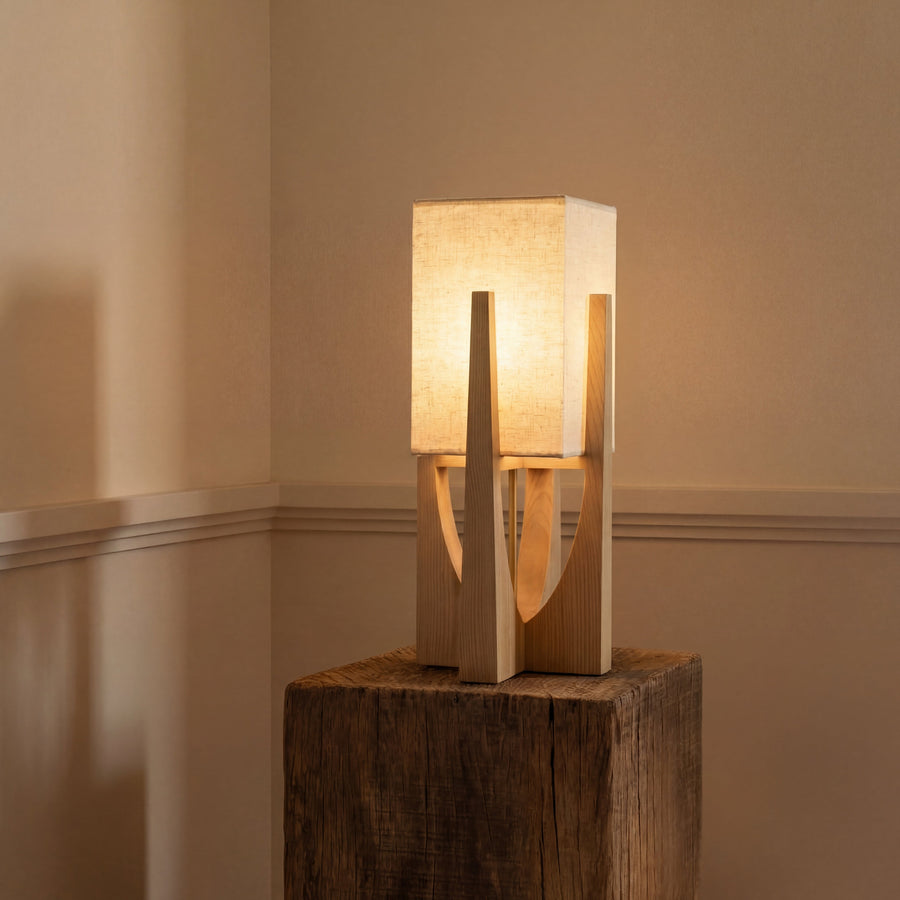 Wabi-Sabi Floor Lamp – Fabric Shade and Wood Base with Warm Light