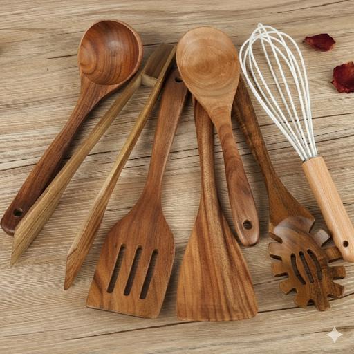 Wooden Kitchen Utensil Set – 7 Pieces with Ergonomic Handles