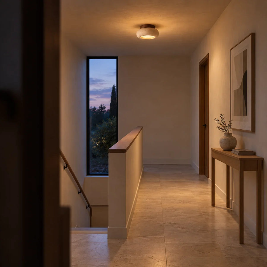 Travertine Ceiling Light with Walnut Details for Hallway and Living Room