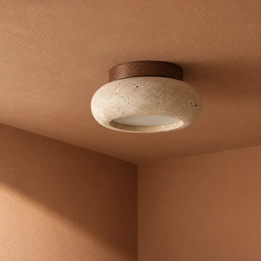Travertine Ceiling Light with Walnut Details for Hallway and Living Room