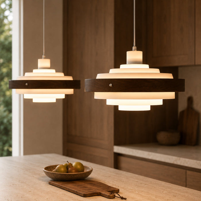 Nordic Metal and Walnut Pendant Light – Sculptural Layered Design with Modern Silhouette