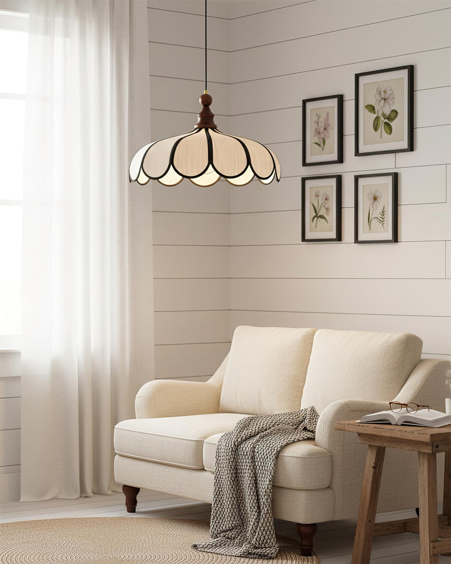 Leaf-Shaped Fabric Pendant Light in Walnut and Black