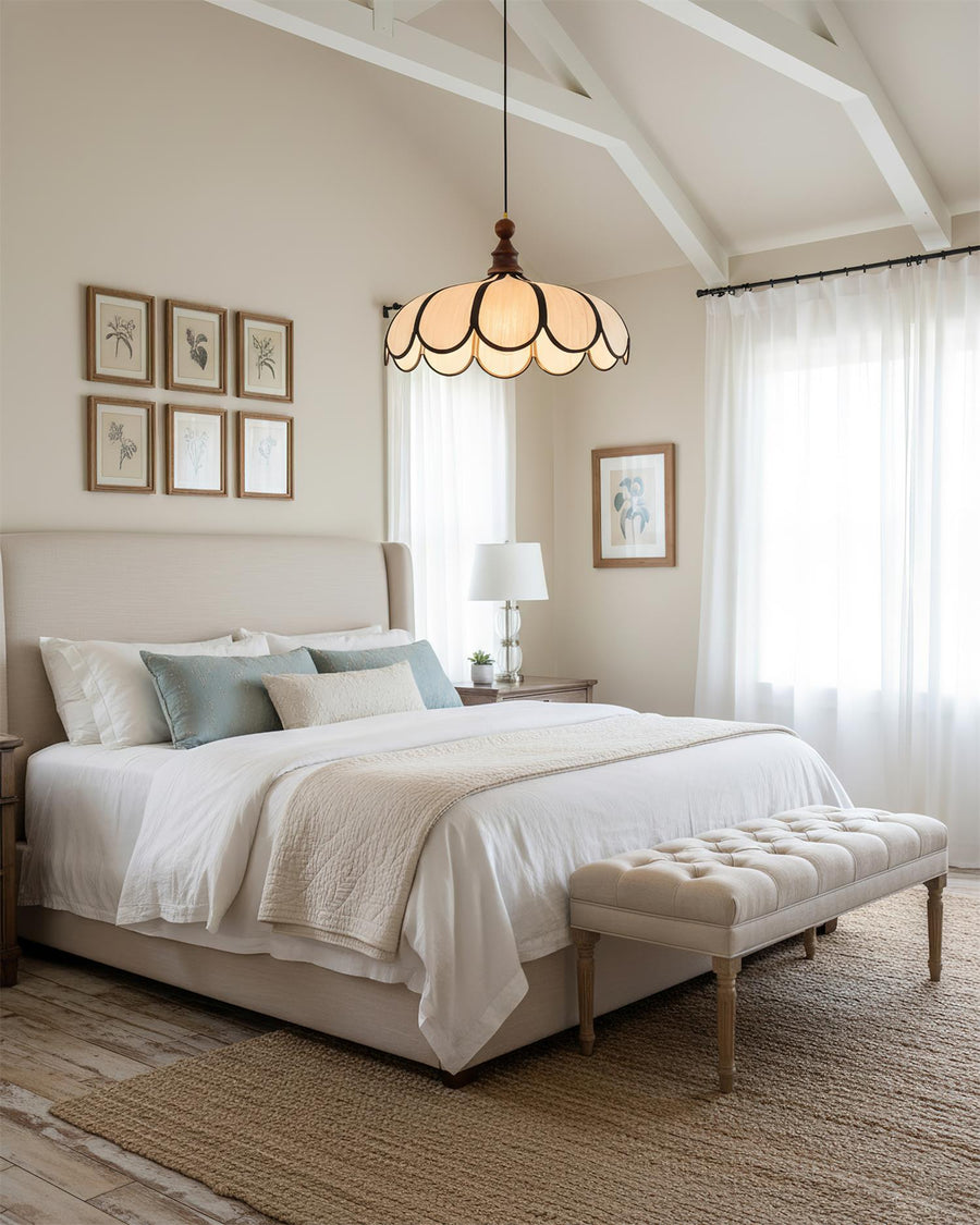Leaf-Shaped Fabric Pendant Light in Walnut and Black