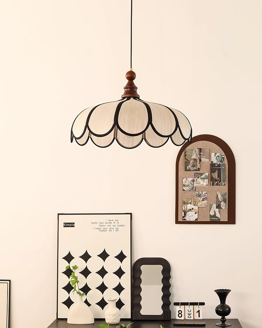 Leaf-Shaped Fabric Pendant Light in Walnut and Black