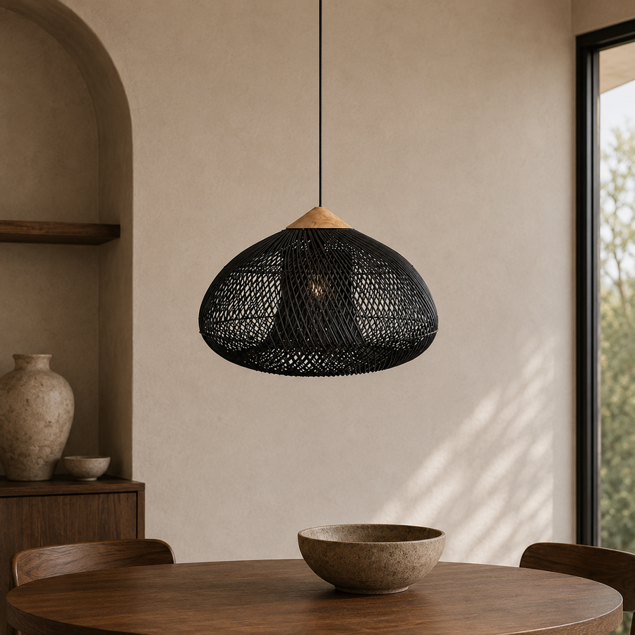 Rattan Pendant Light with Wood Details – Open Woven Shade for Dining Tables
