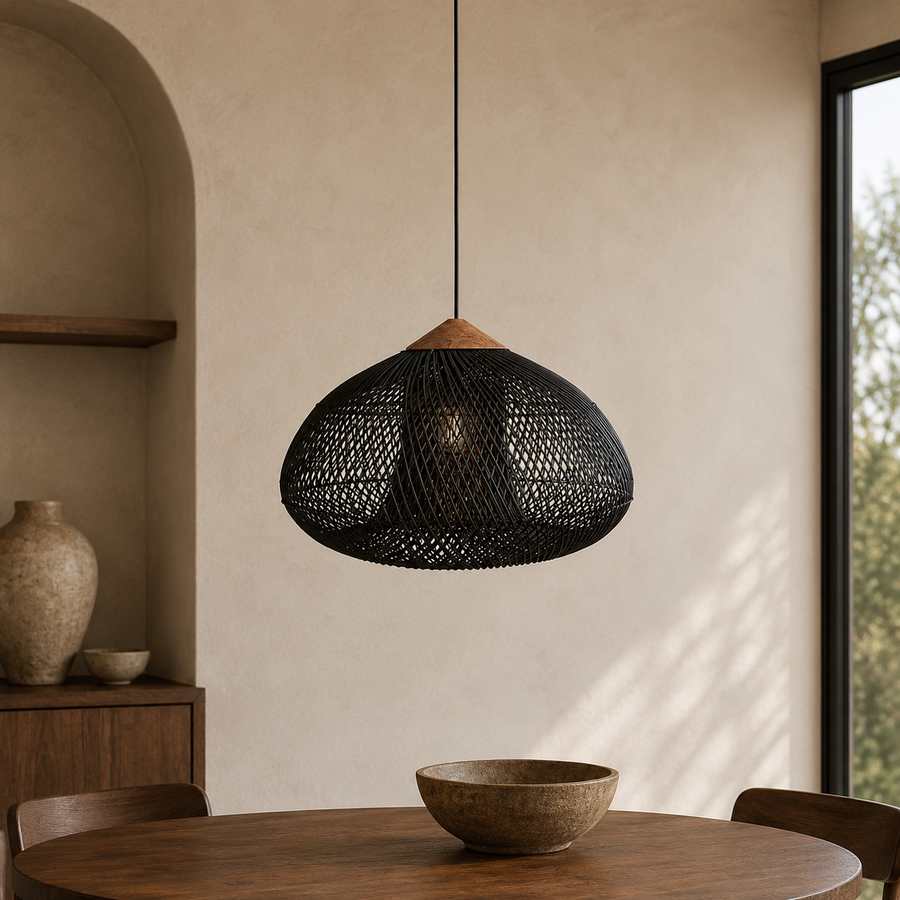 Rattan Pendant Light with Wood Details – Open Woven Shade for Dining Tables