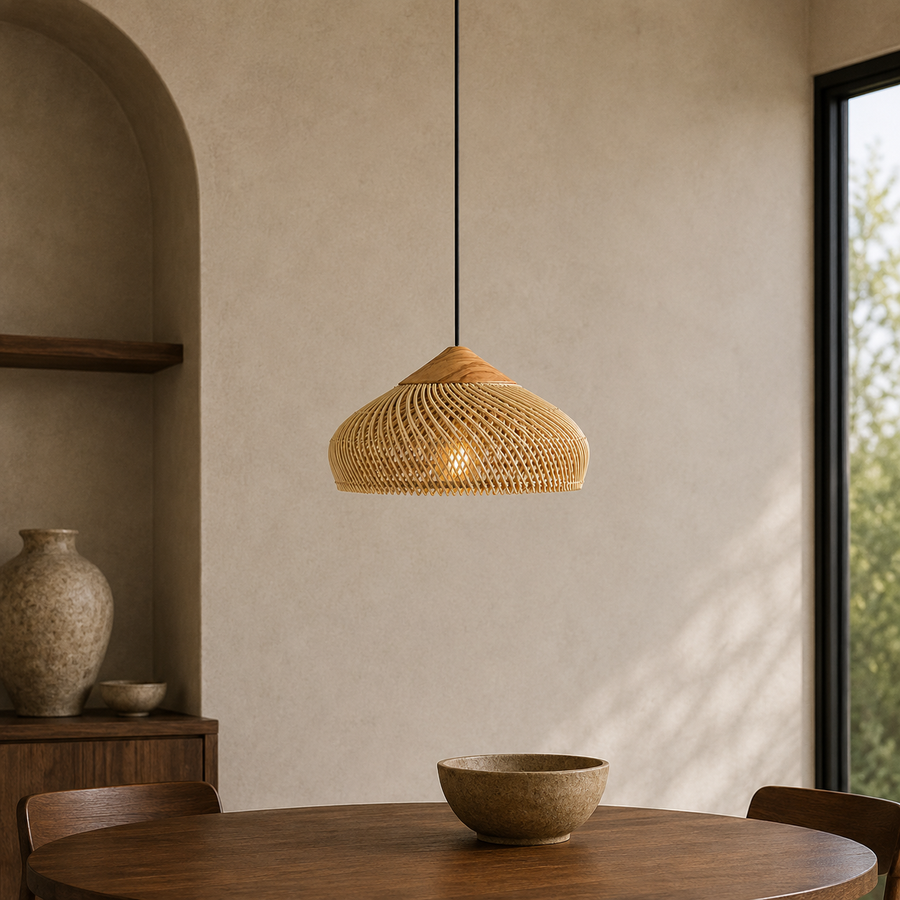 Rattan Pendant Light with Wood Details – Open Woven Shade for Dining Tables