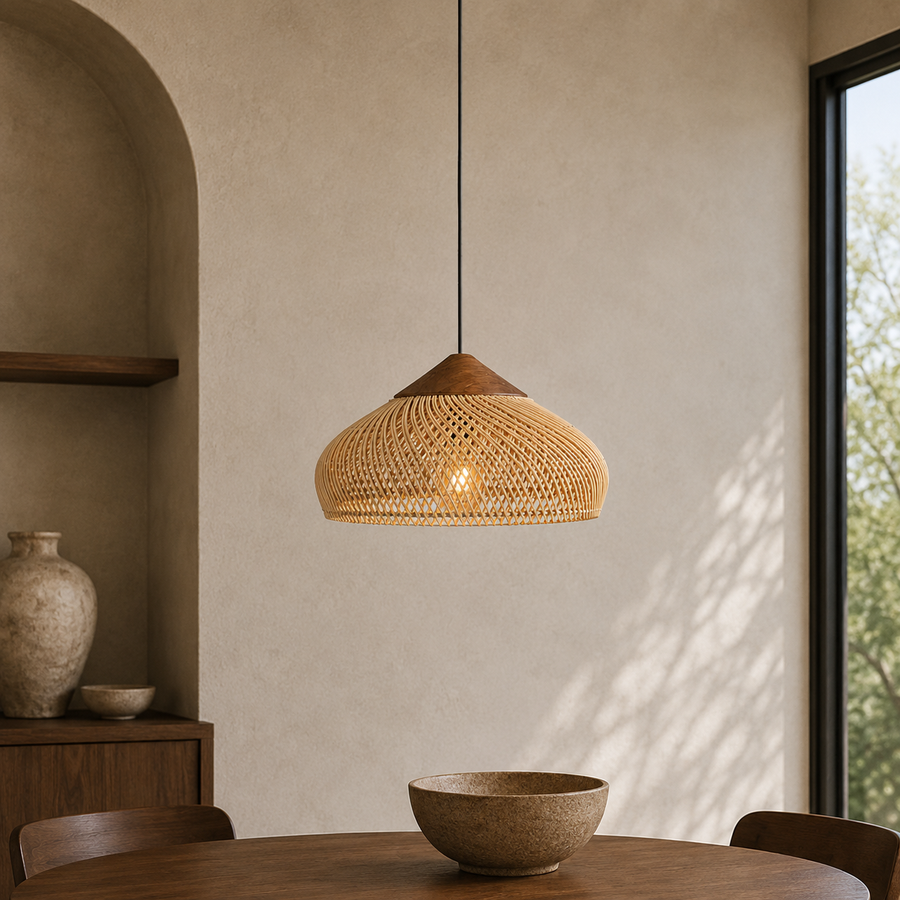 Rattan Pendant Light with Wood Details – Open Woven Shade for Dining Tables