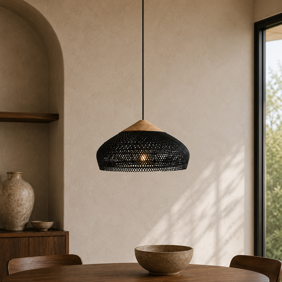 Rattan Pendant Light with Wood Details – Open Woven Shade for Dining Tables