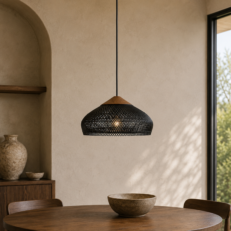 Rattan Pendant Light with Wood Details – Open Woven Shade for Dining Tables
