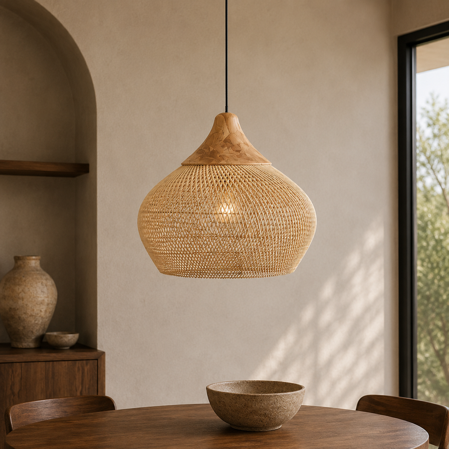 Rattan Pendant Light with Wood Details – Open Woven Shade for Dining Tables