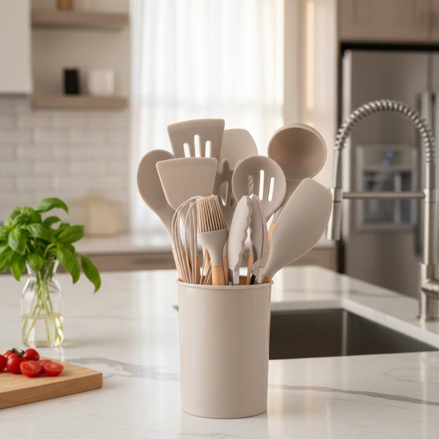 Silicone Kitchen Utensil Set – 12 Heat-Resistant Pieces with Bamboo Handles