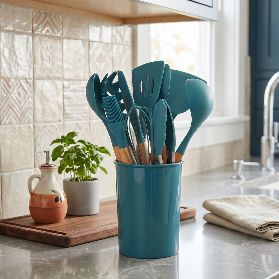 Silicone Kitchen Utensil Set – 12 Heat-Resistant Pieces with Bamboo Handles
