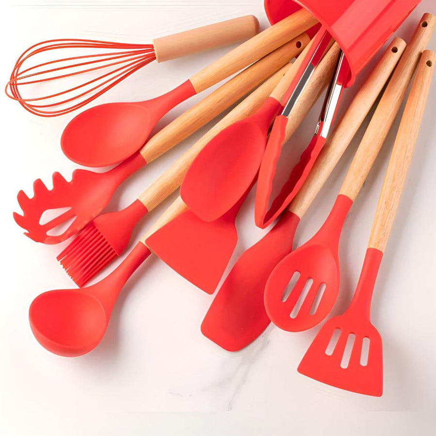 Silicone Kitchen Utensil Set – 12 Heat-Resistant Pieces with Bamboo Handles