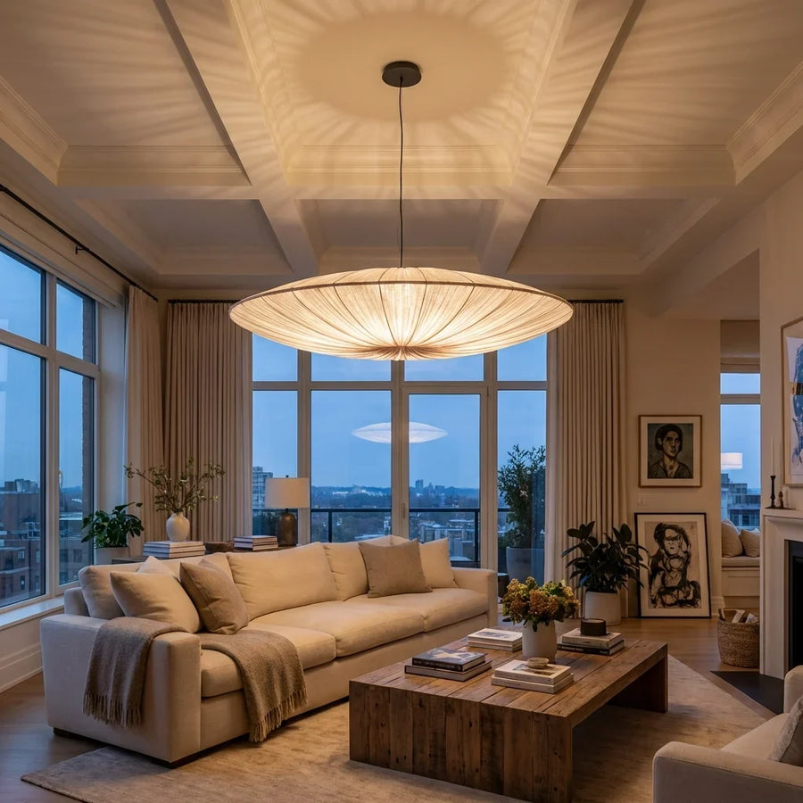 Disc-Shaped Japanese Fabric Pendant Light