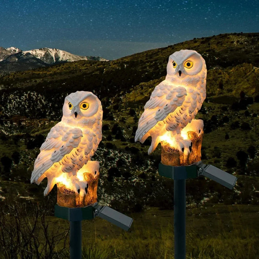 Solar-Powered Resin Owl Lamp with Warm White Light for Outdoor Use