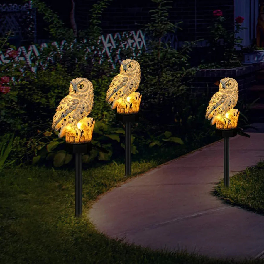 Solar-Powered Resin Owl Lamp with Warm White Light for Outdoor Use
