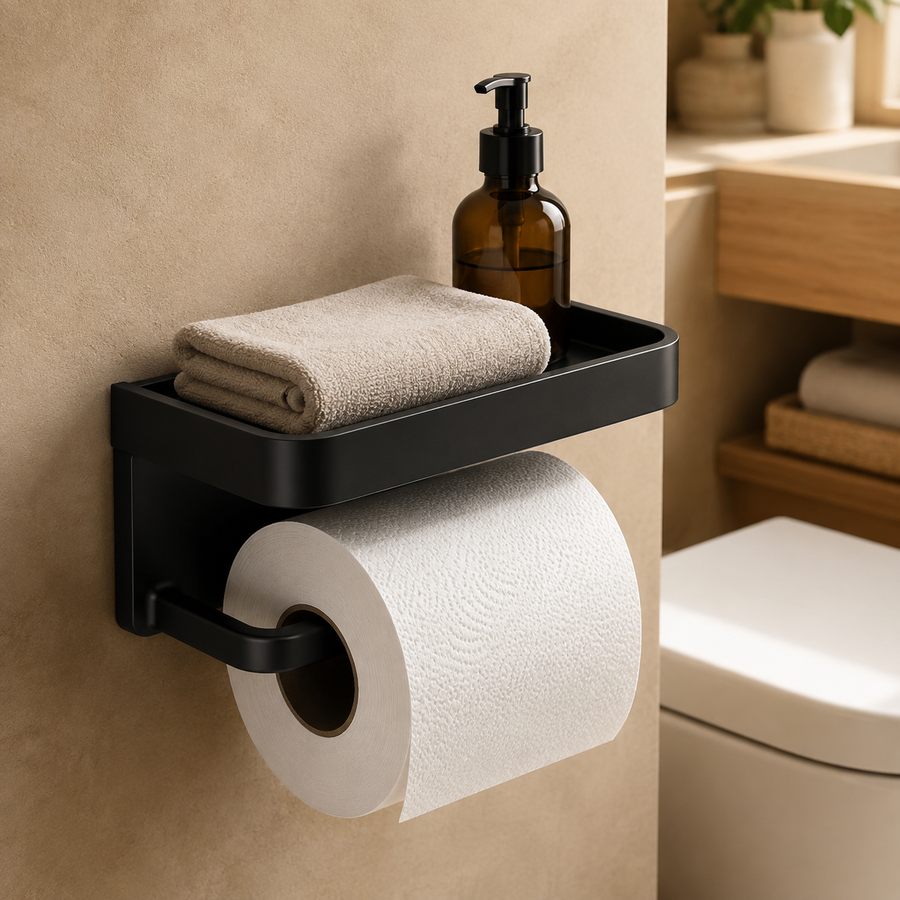 Aluminum Toilet Roll Holder with Storage Shelf – Modern Space-Saving Design