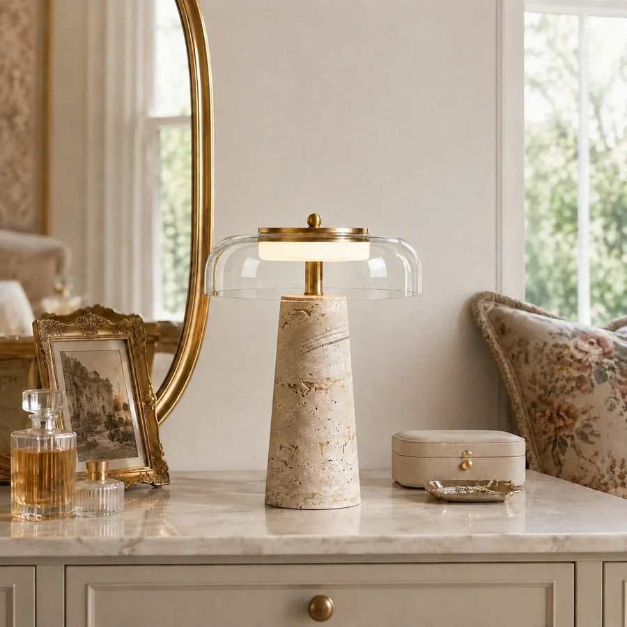 Travertine Glass Table Lamp with Organic Design and Natural Finish