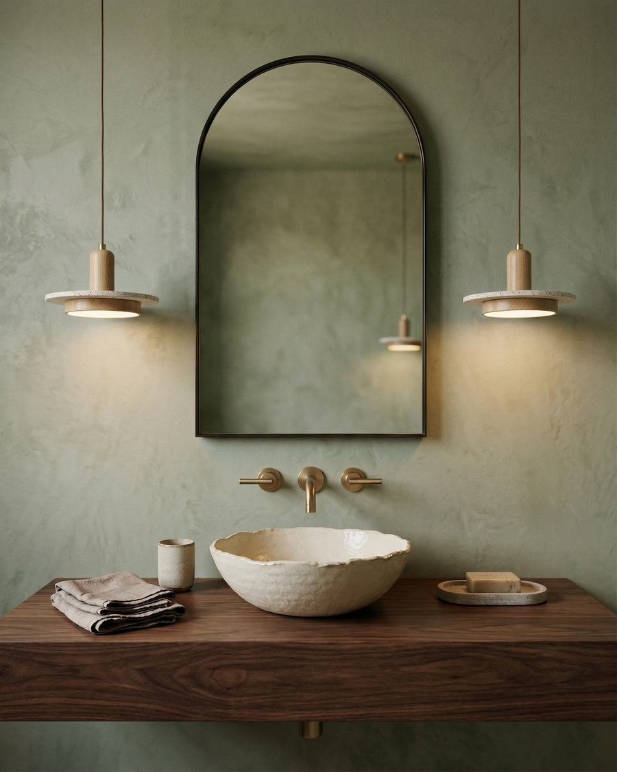 Travertine Pendant Light – Scandinavian Design with Wood Details for Dining Tables