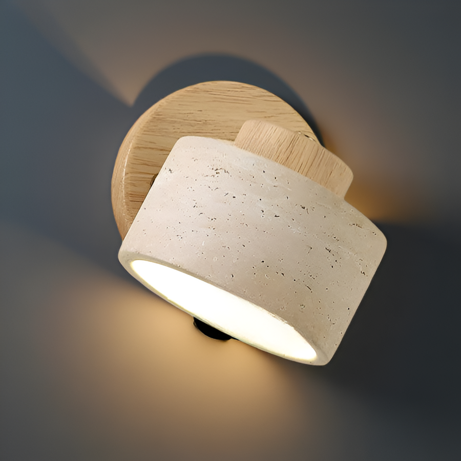 Travertine Wall Light – Rotating Cylinder with Wood Detail for Elegant Interiors