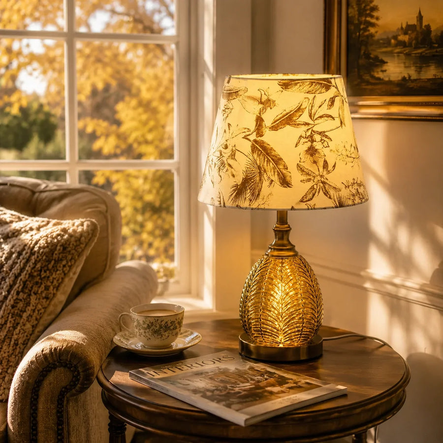 Vintage Table Lamp with Illuminated Leaf Glass Base and Botanical Fabric Shade