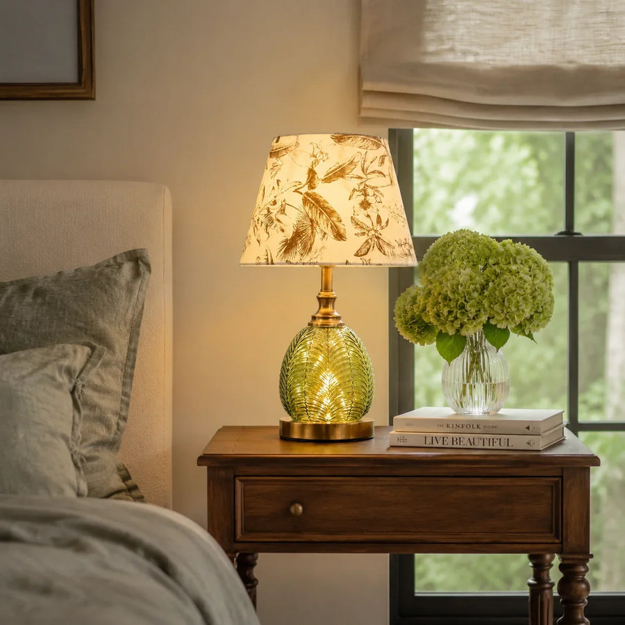 Vintage Table Lamp with Illuminated Leaf Glass Base and Botanical Fabric Shade