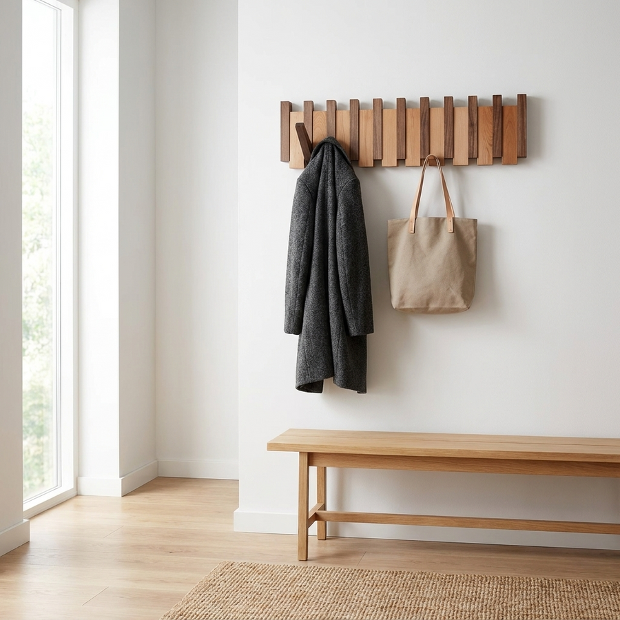 Walnut and Beech Wall Coat Rack – Piano Key Design with 4-8 Hooks