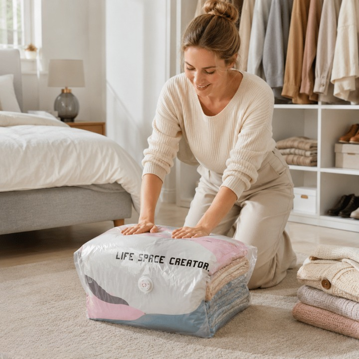 Vacuum Storage Bags for Clothes – Pump-Free Compression Bags with Built-in Valve, 4 Pack