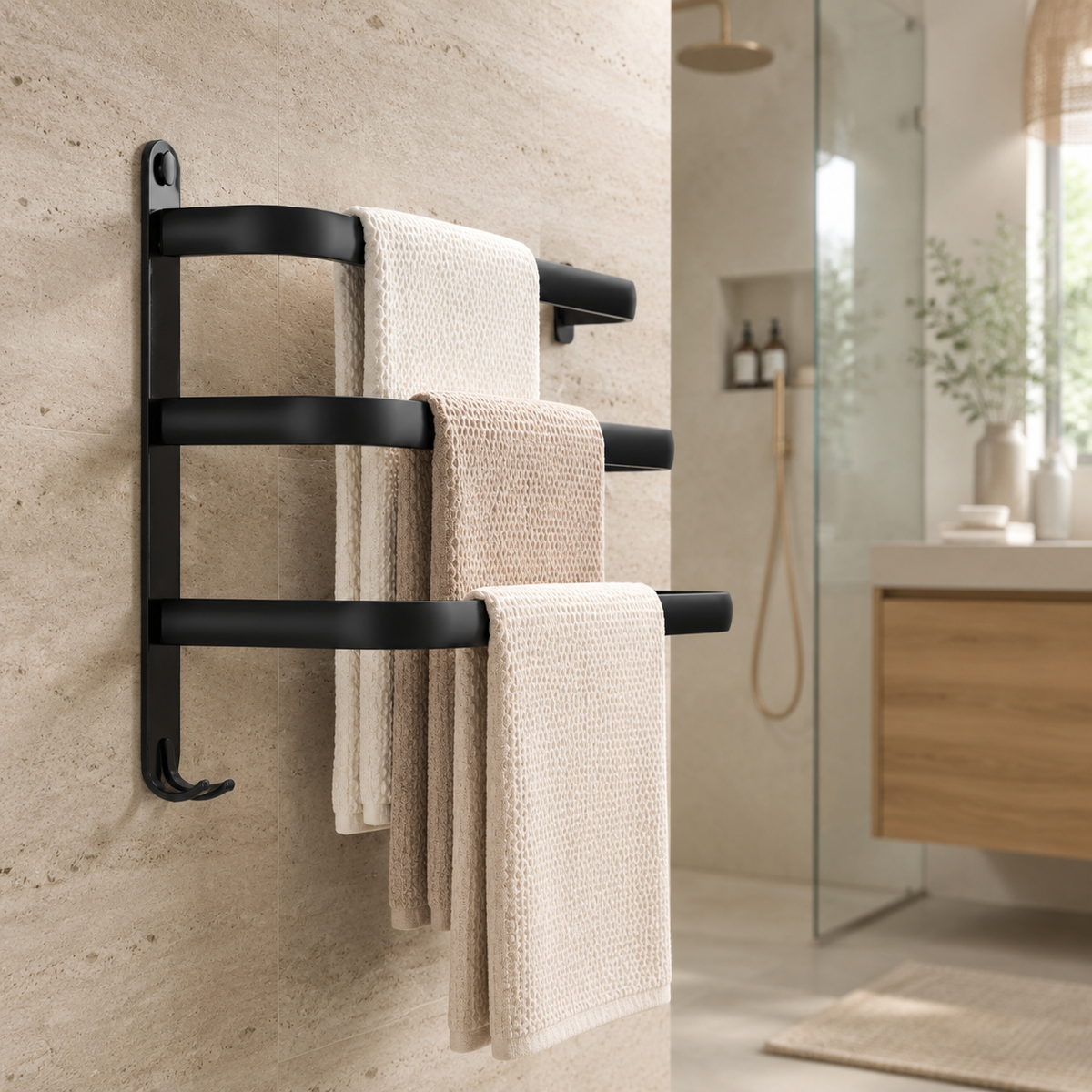 Black Aluminum Wall-Mounted Towel Rack with 3-Tier Bathroom Design